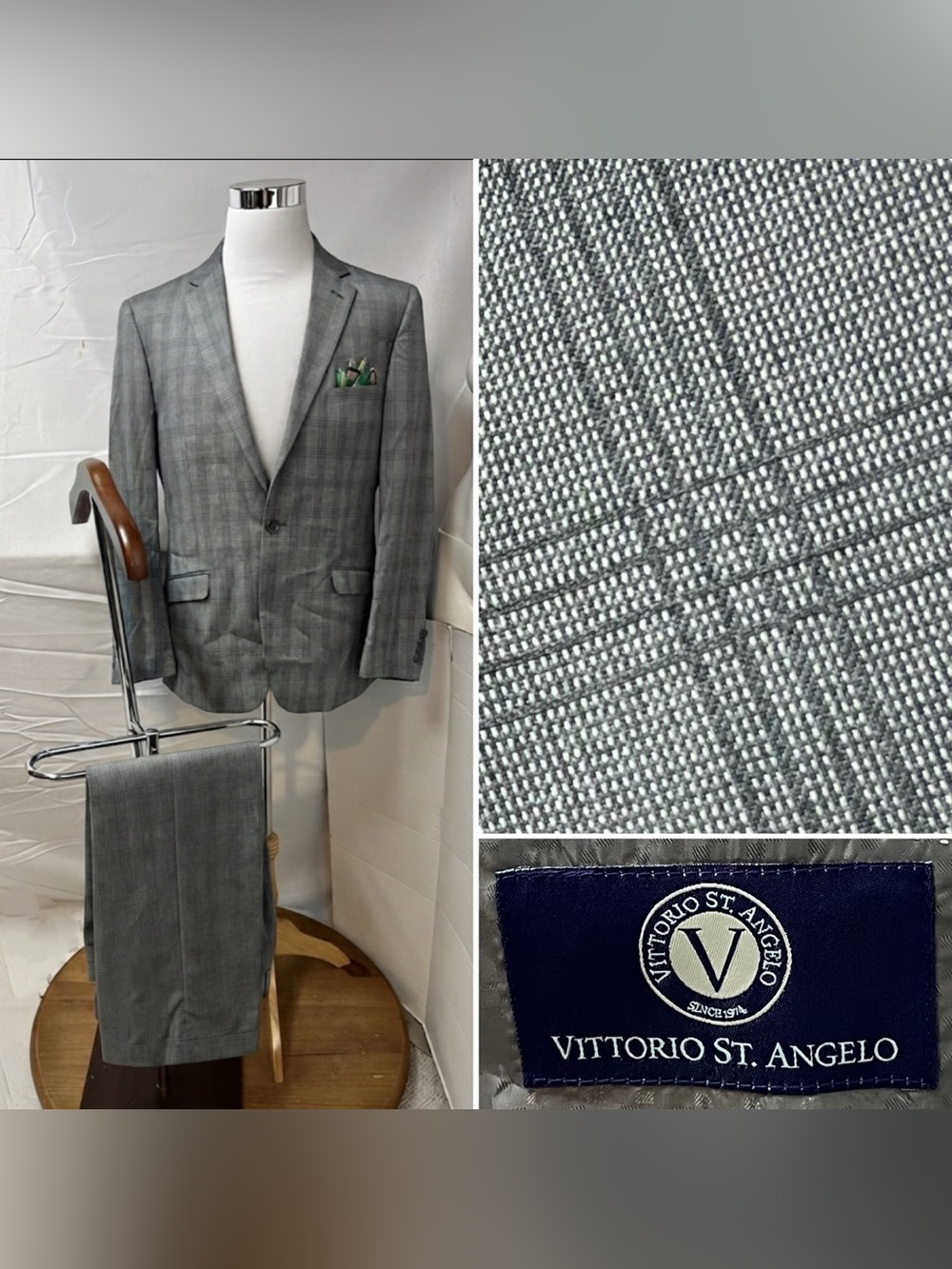 Vittorio St. Angelo Men's 42R Blazer 36x32 Pants Gray Plaid Suit